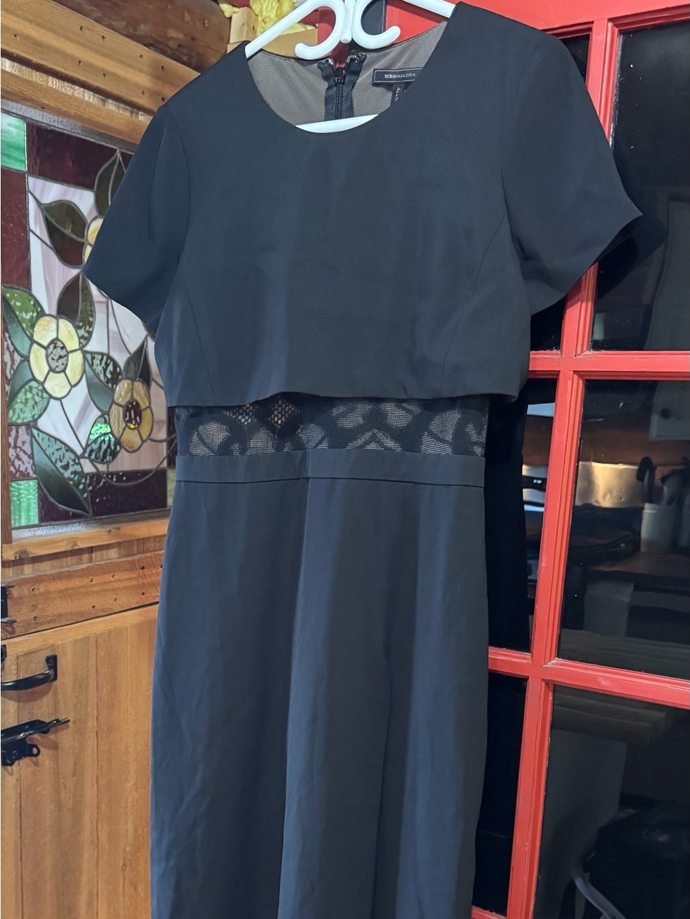 BCBGMaxAzria Black Short-Sleeve Maxi Dress with Lace Waist Panel